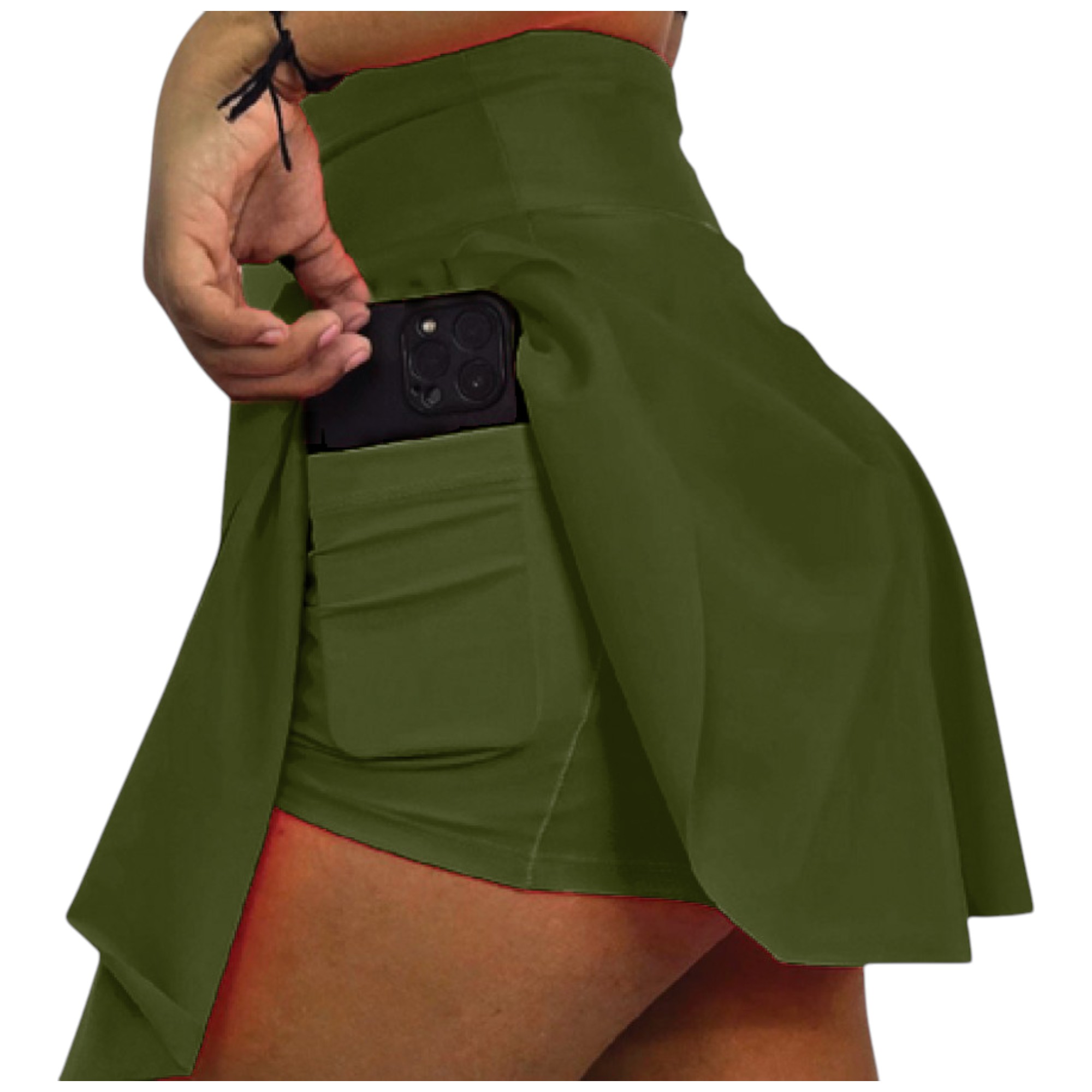 FALDA SHORT LICRA DEPORTIVA PREMIUM MUJER PARA TENIS, YOGA, FIT, GOLF, GYM, GIMNASIA, ATLETISMO, SENDERISMO, ACTIVIDADES AL AIRE LIBRE  CON BOLSO INTEGRADO 2 EN 1 COLOR VERDE MILITAR