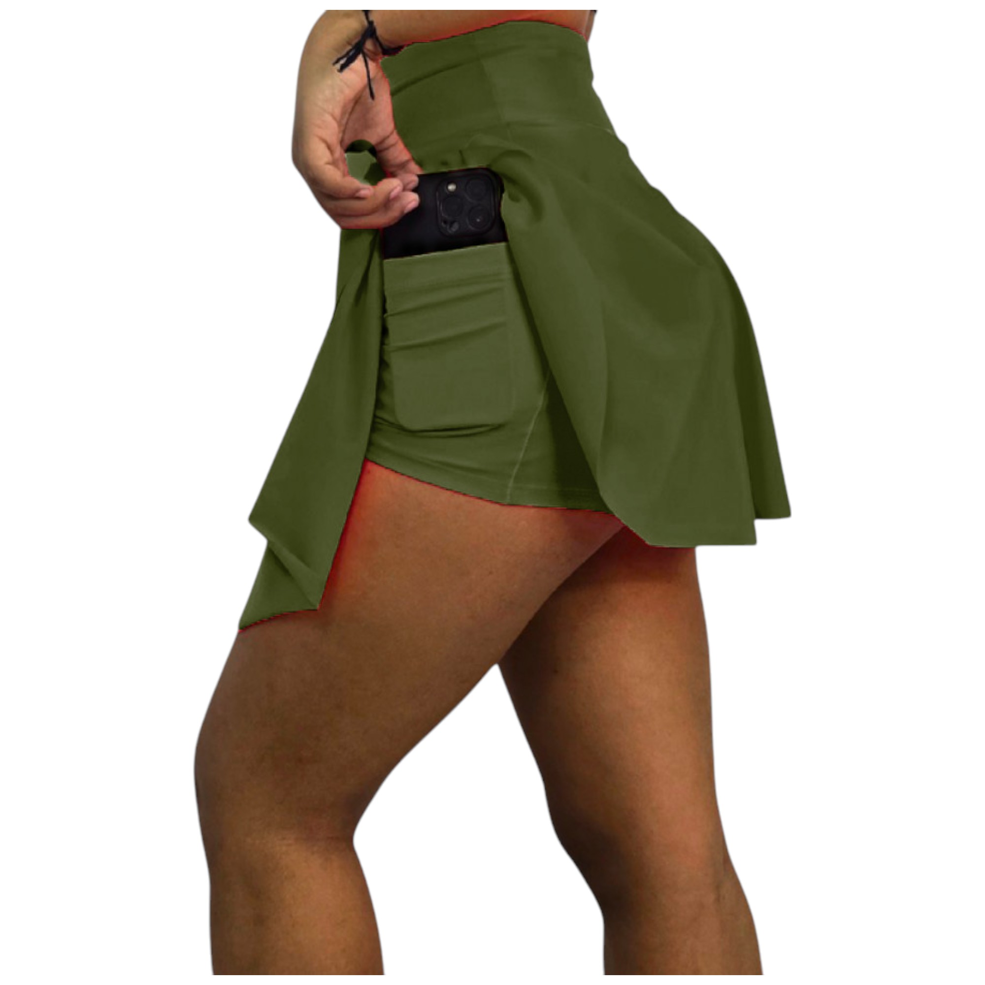 FALDA SHORT LICRA DEPORTIVA PREMIUM MUJER PARA TENIS, YOGA, FIT, GOLF, GYM, GIMNASIA, ATLETISMO, SENDERISMO, ACTIVIDADES AL AIRE LIBRE  CON BOLSO INTEGRADO 2 EN 1 COLOR VERDE MILITAR