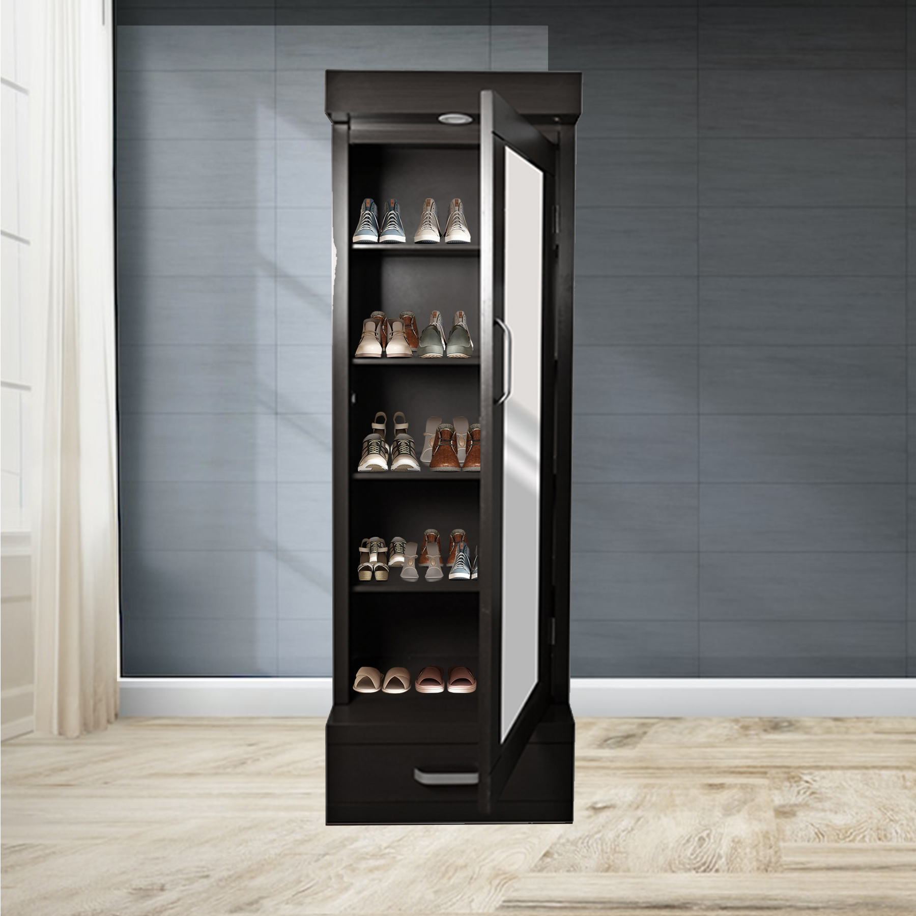 Zapatera closet reinicia 21 muebles puerta abatible 1 cajón iluminación led Gabriela. 