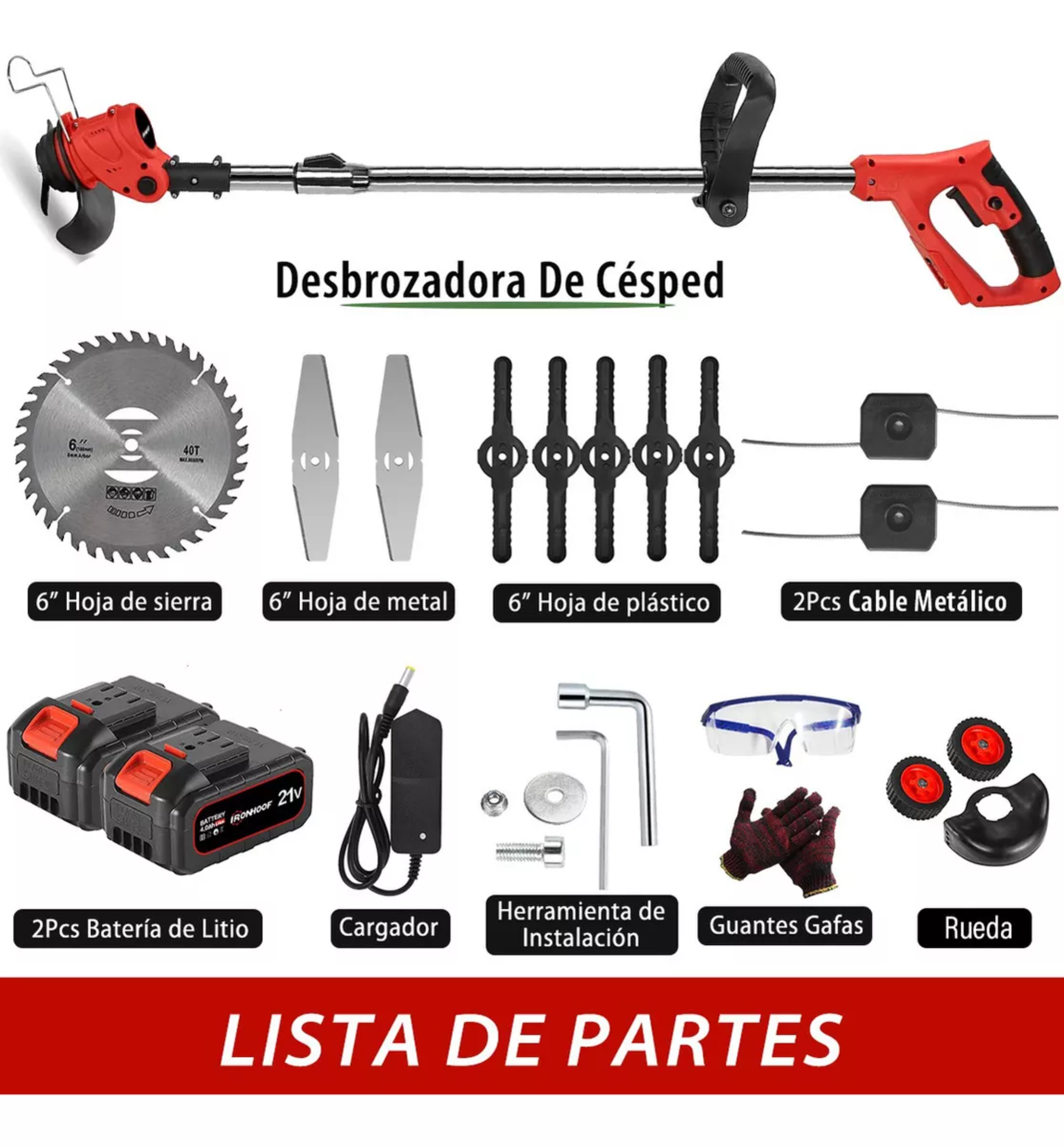Cortadora de pasto eléctrica Ironhoof XSMXF062RD de 1.8 kW y 127V color rojo con batería incluida