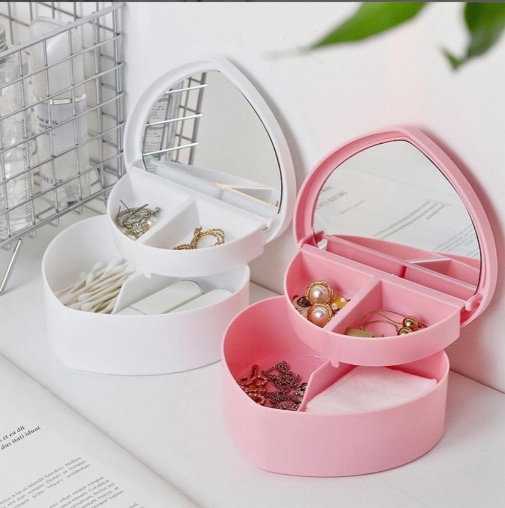 Organizador Kawaii en forma de corazon, para joyeria, pequeño alhajero portatil con espejo, color rosa