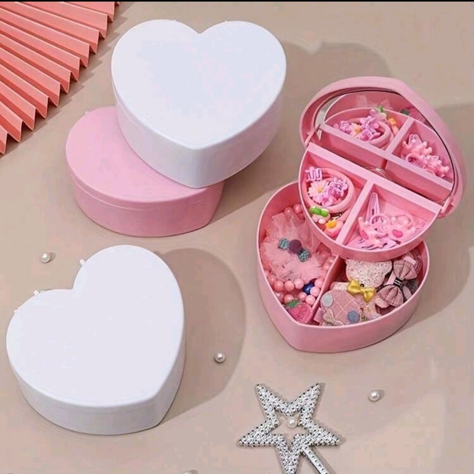 Organizador Kawaii en forma de corazon, para joyeria, pequeño alhajero portatil con espejo, color rosa