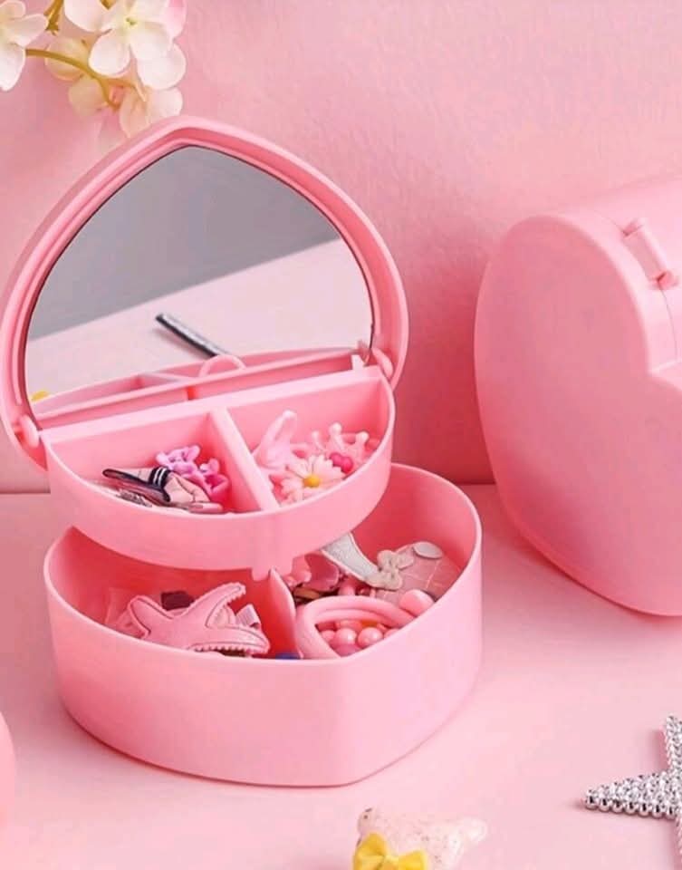 Organizador Kawaii en forma de corazon, para joyeria, pequeño alhajero portatil con espejo, color rosa