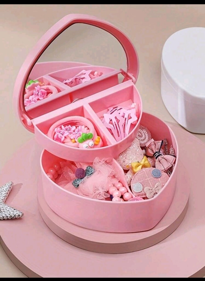 Organizador Kawaii en forma de corazon, para joyeria, pequeño alhajero portatil con espejo, color rosa