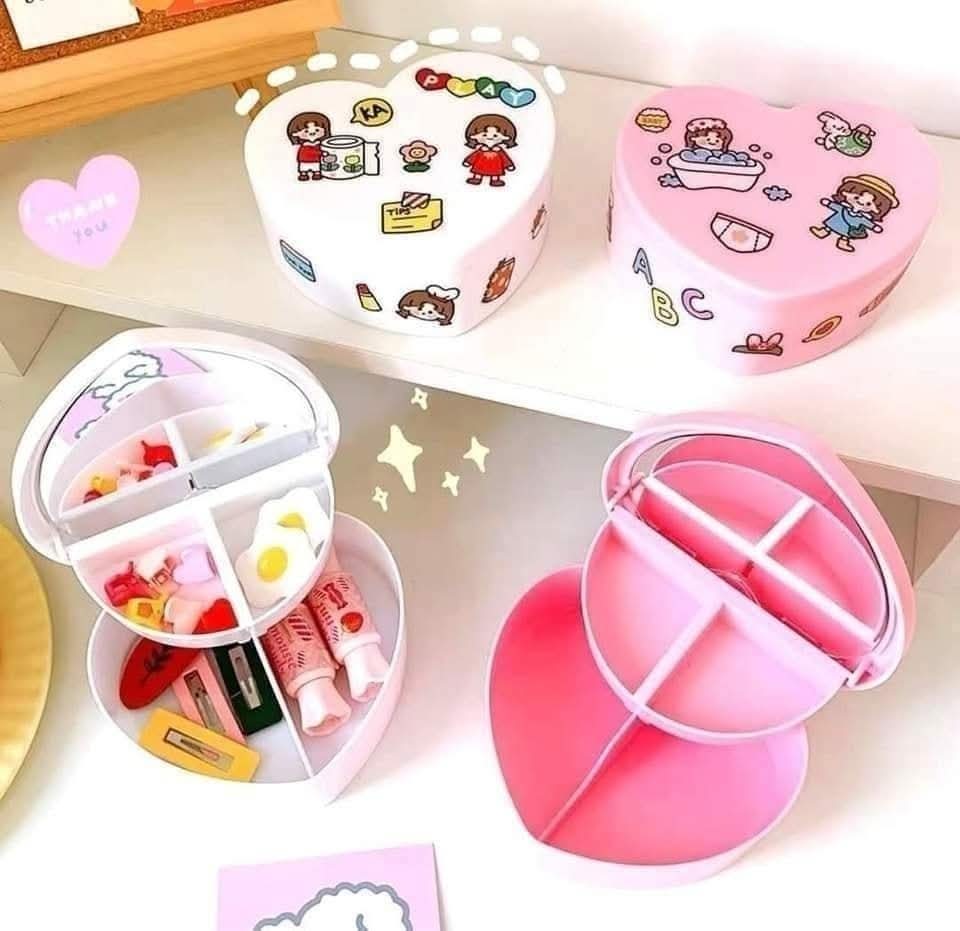 Organizador Kawaii en forma de corazon, para joyeria, pequeño alhajero portatil con espejo, color rosa
