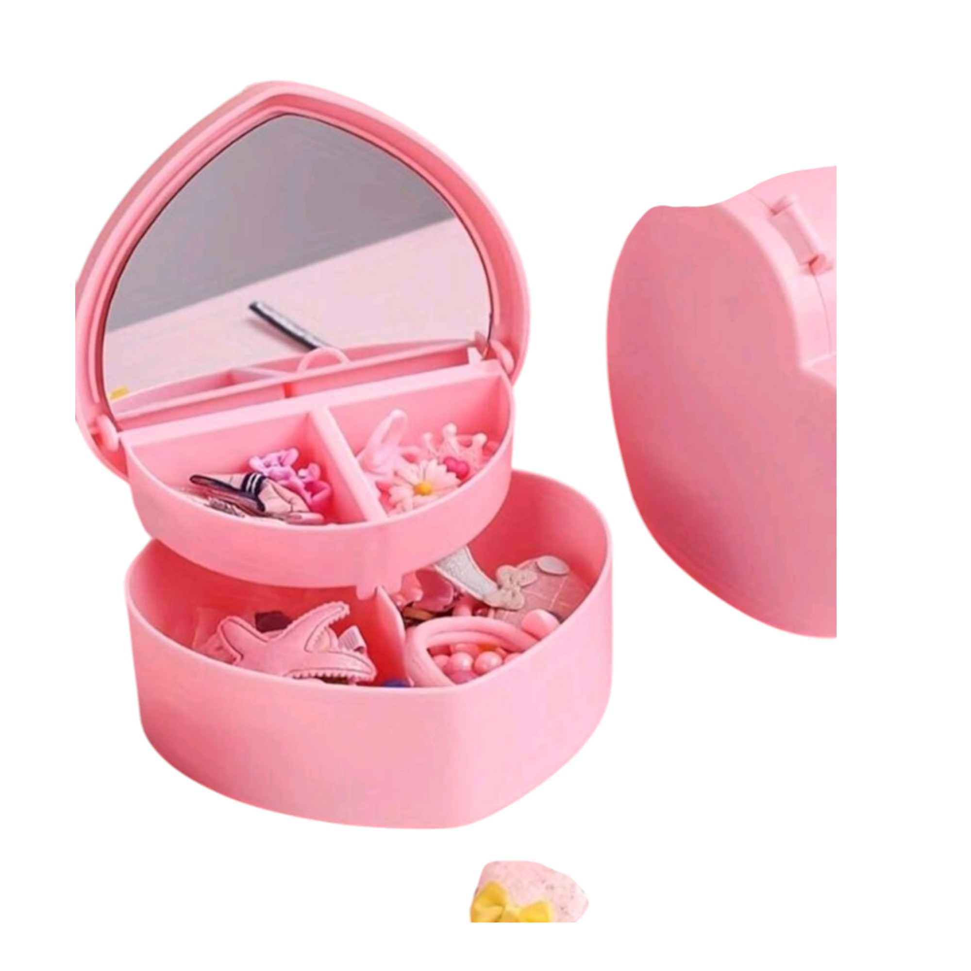 Organizador Kawaii en forma de corazon, para joyeria, pequeño alhajero portatil con espejo, color rosa