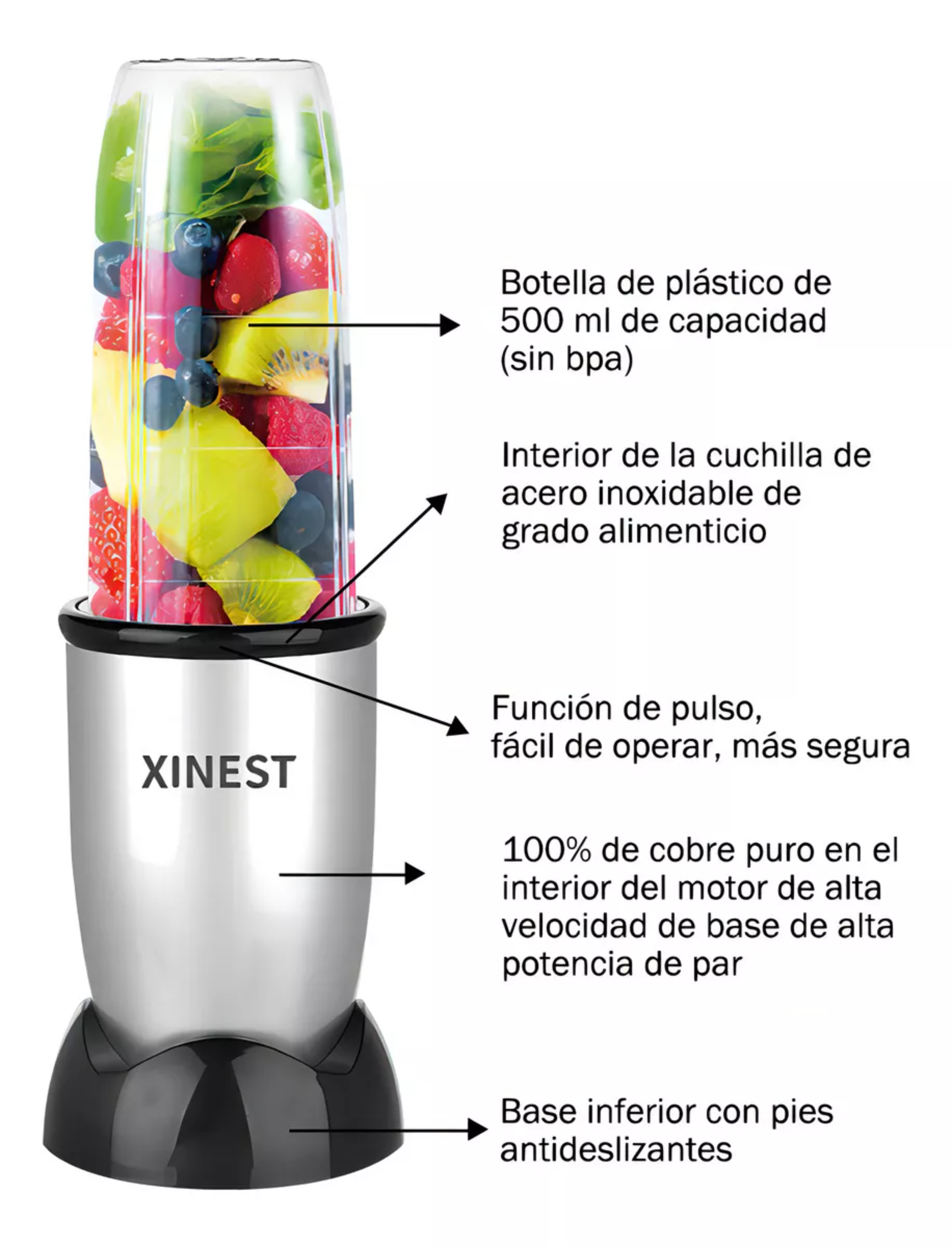 Xinest 500w Plata Licuadora Portátil Con 2 Vaso De Plástico Color Plateado
