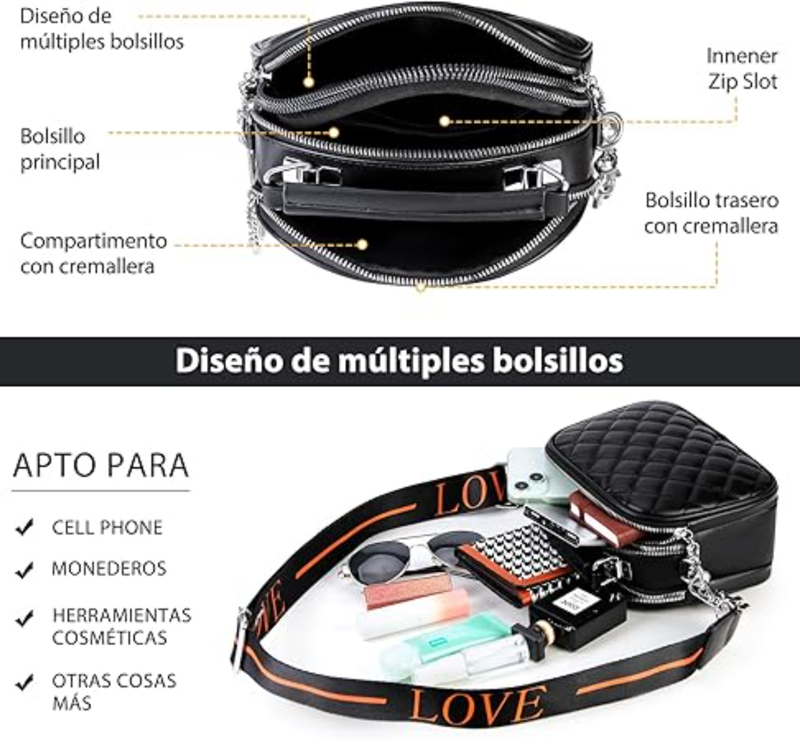 Bolsa Crossbody Mujer, Bolsas de Mujer de Pu,Bolsa Negra Impermeable