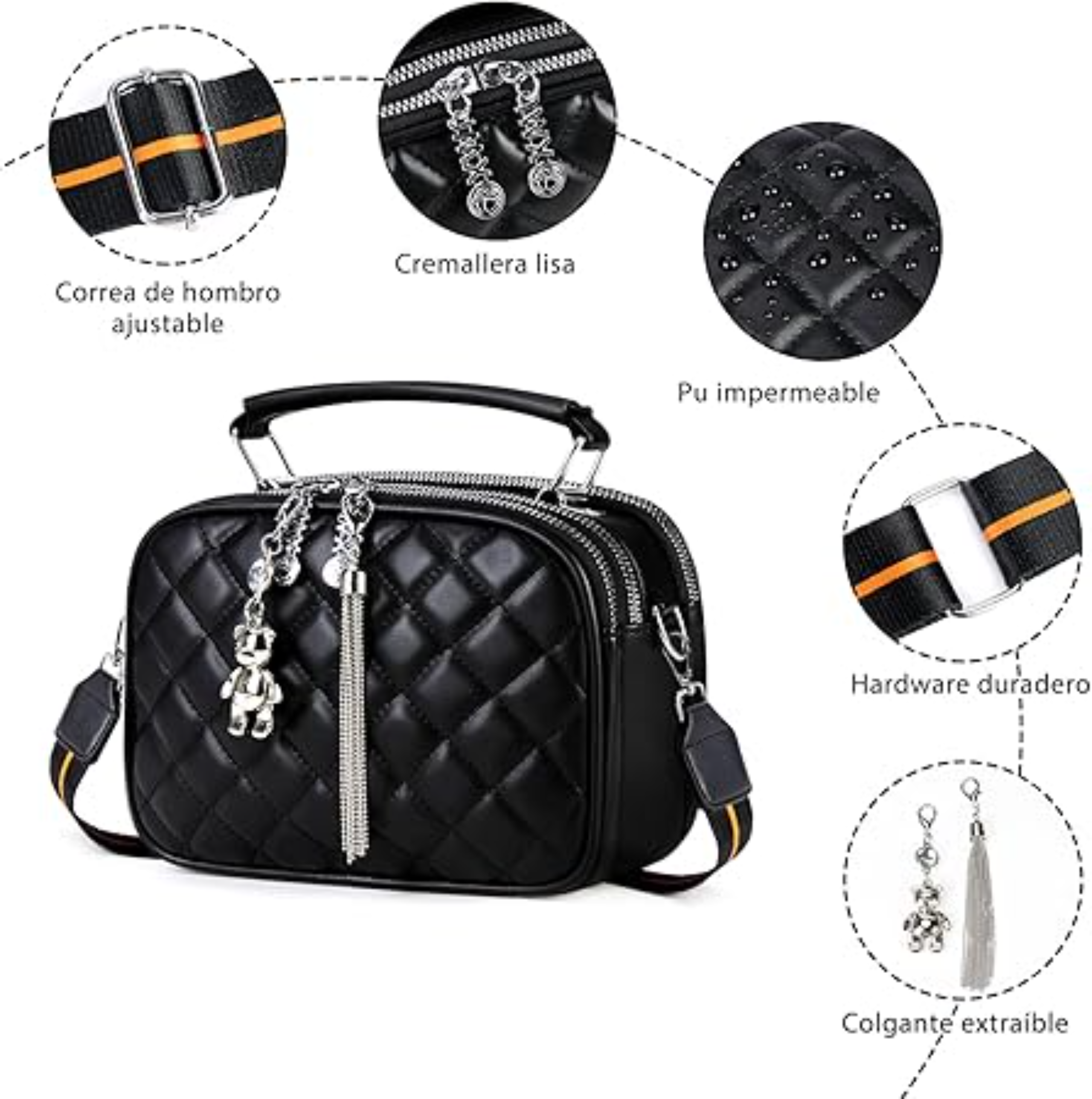 Bolsa Crossbody Mujer, Bolsas de Mujer de Pu,Bolsa Negra Impermeable
