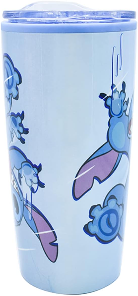 Stitch Termo para Café Lilo y Stitch Vaso para Escritorio de Acero Inoxidable de Doble Pared con Tapa Deslizable y Transparente, Color Azul, Capacidad 450 ml