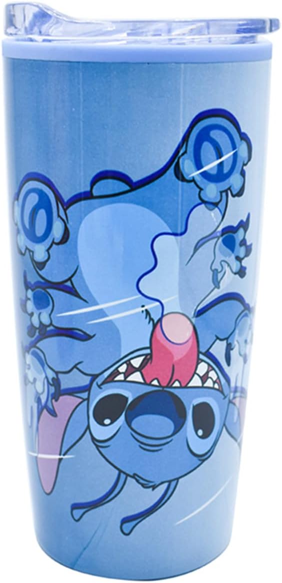 Stitch Termo para Café Lilo y Stitch Vaso para Escritorio de Acero Inoxidable de Doble Pared con Tapa Deslizable y Transparente, Color Azul, Capacidad 450 ml