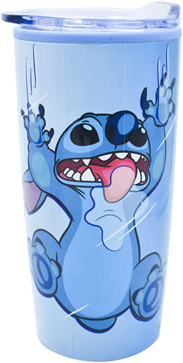 Stitch Termo para Café Lilo y Stitch Vaso para Escritorio de Acero Inoxidable de Doble Pared con Tapa Deslizable y Transparente, Color Azul, Capacidad 450 ml