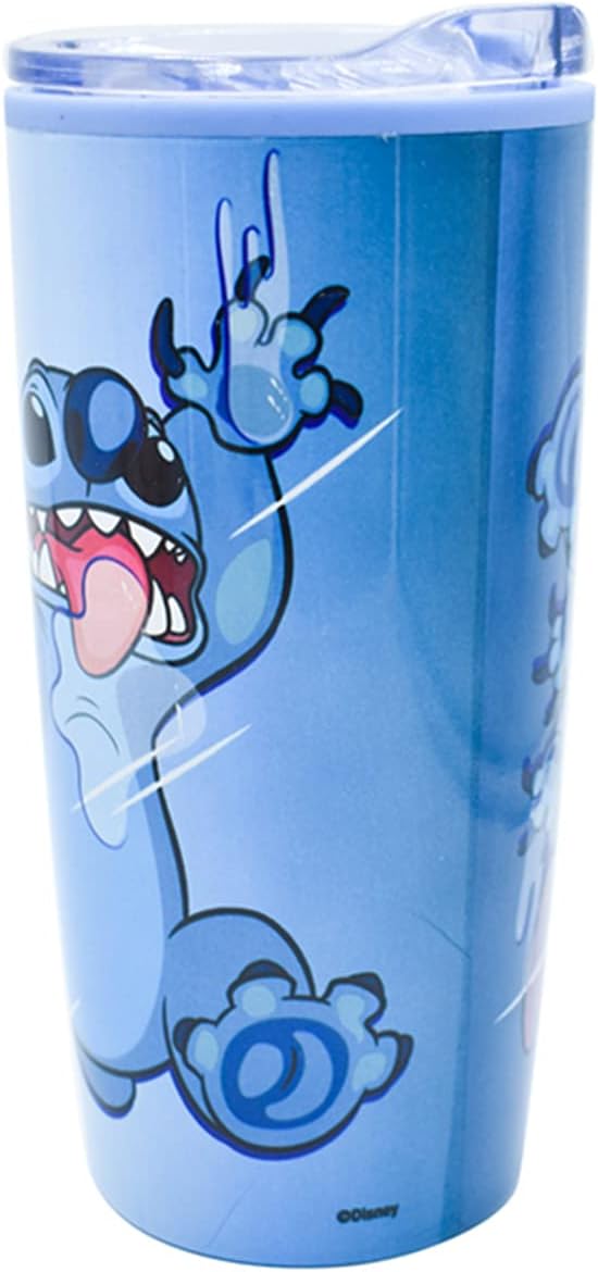 Stitch Termo para Café Lilo y Stitch Vaso para Escritorio de Acero Inoxidable de Doble Pared con Tapa Deslizable y Transparente, Color Azul, Capacidad 450 ml
