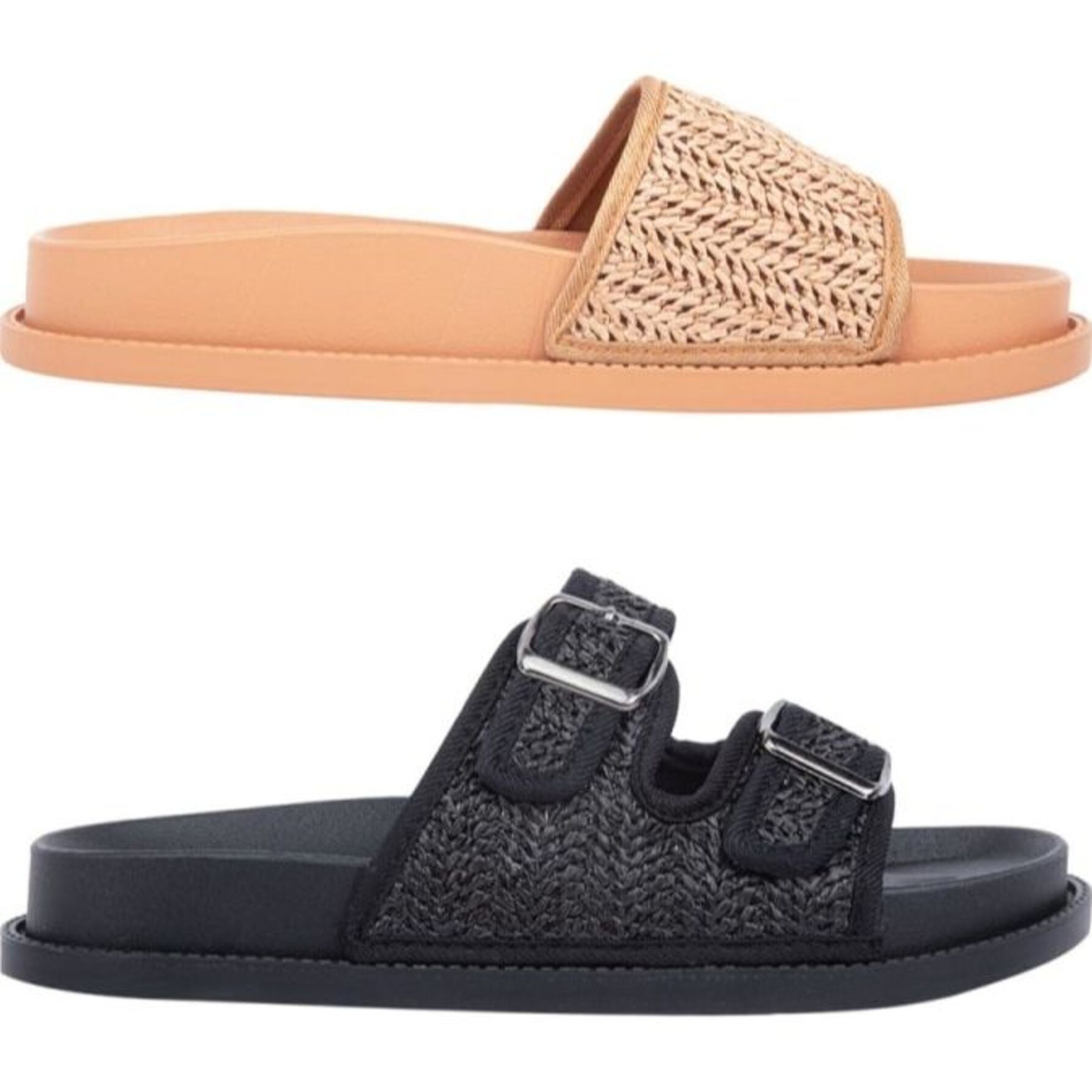 Kit de 2 pares de sandalias para mujer, de tipo slip on, planas, tejidas, marca Vi Line, colores negro y camel, mod. 1189835