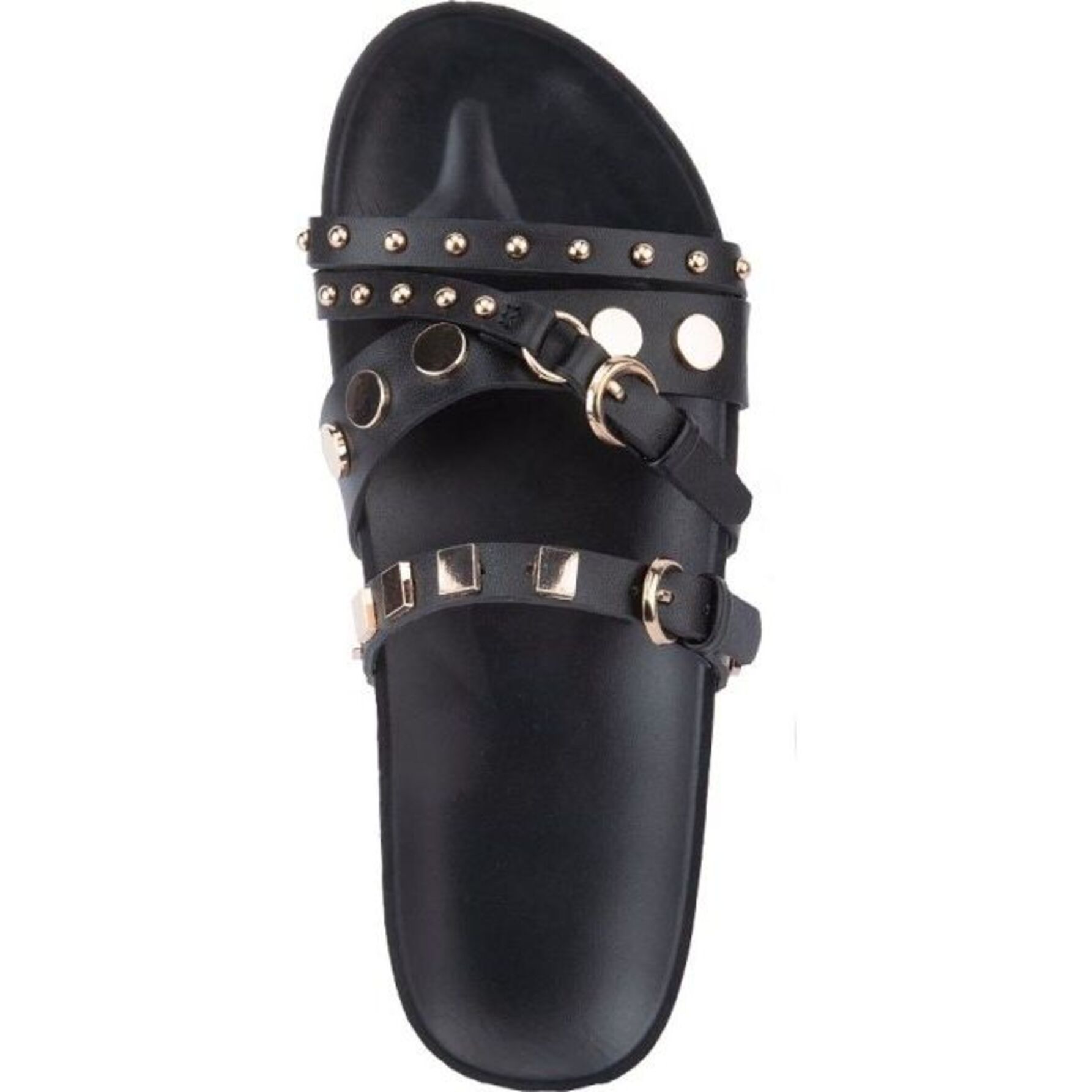 Sandalia para mujer, plana, con bandas cruzadas con estoperoles, acabado napa, marca Vi Line, color negro, mod. 1217122