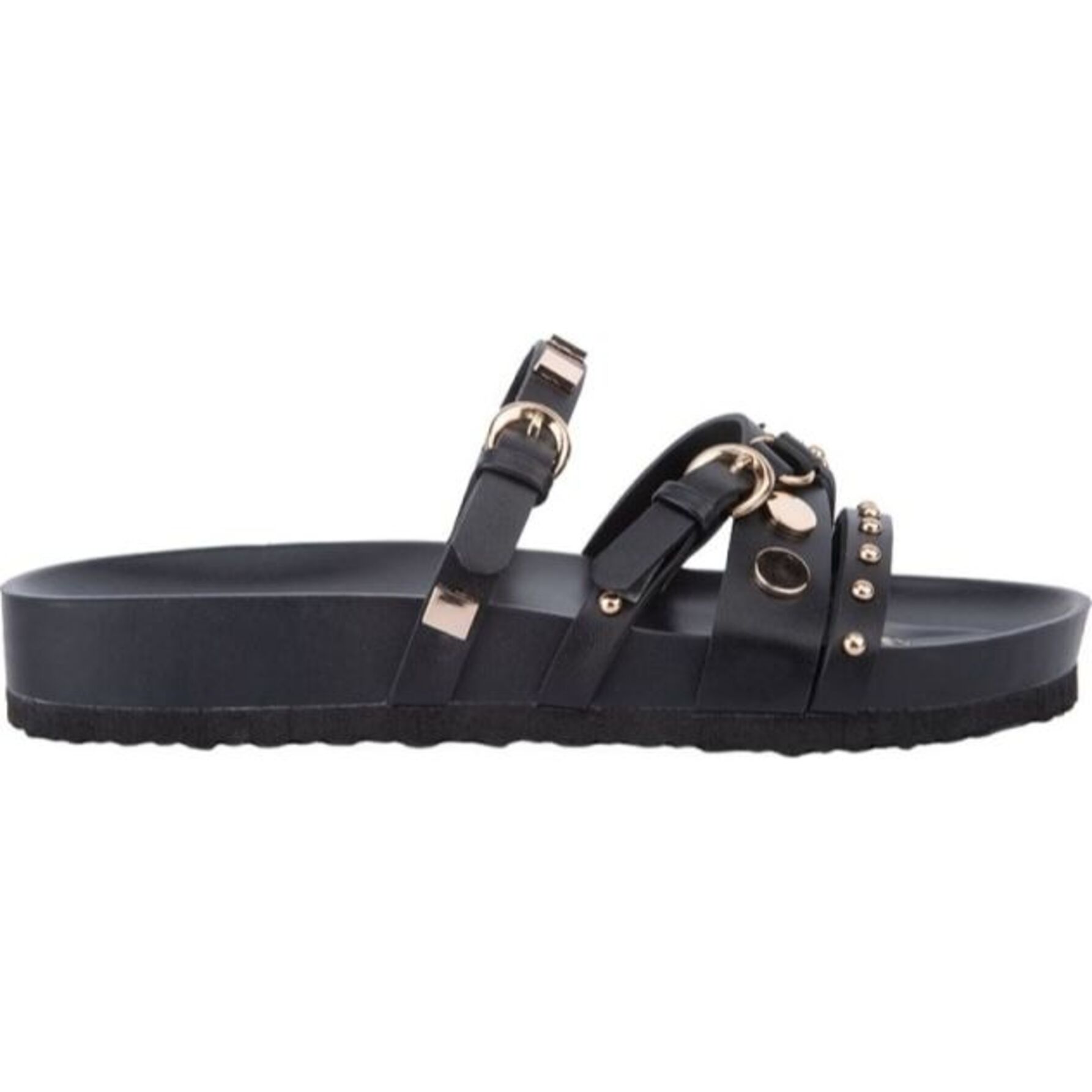 Sandalia para mujer, plana, con bandas cruzadas con estoperoles, acabado napa, marca Vi Line, color negro, mod. 1217122