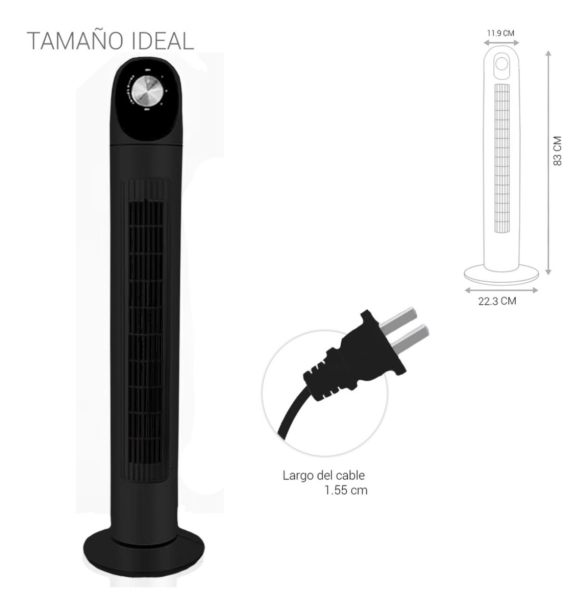 Ventilador De Torre Abanico Oscilante Silencioso Panel Estructura Negro Diámetro 8.8 "