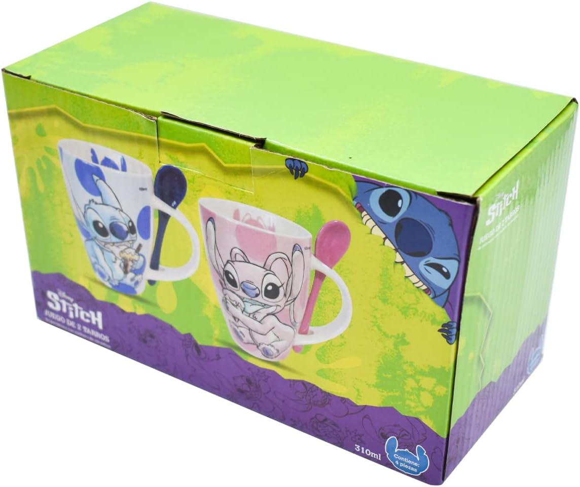 Stitch Juego de 2 Tazas de Pareja con cucharas Disney Lilo & Stitch Tarros de Ceramica capacidad 310 ml Novios Dia de San Valentin Dia del Amor