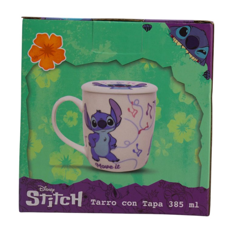 Stitch Taza de Cerámica con Tapa, Diseño Stitch Groove It, Lilo & Stitch, Colección Disney Clásicos, Capacidad 385 ml con Caja de Regalo