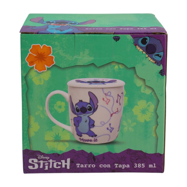 Stitch Taza de Cerámica con Tapa, Diseño Stitch Groove It, Lilo & Stitch, Colección Disney Clásicos, Capacidad 385 ml con Caja de Regalo