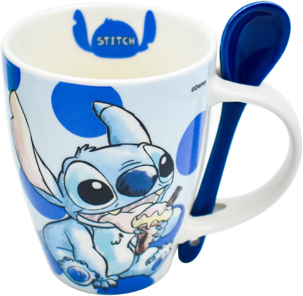 Stitch Juego de 2 Tazas de Pareja con cucharas Disney Lilo & Stitch Tarros de Ceramica capacidad 310 ml Novios Dia de San Valentin Dia del Amor