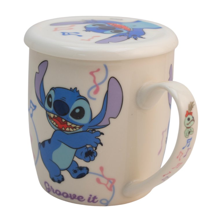 Stitch Taza de Cerámica con Tapa, Diseño Stitch Groove It, Lilo & Stitch, Colección Disney Clásicos, Capacidad 385 ml con Caja de Regalo