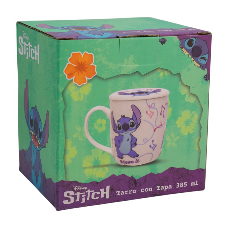 Stitch Taza de Cerámica con Tapa, Diseño Stitch Groove It, Lilo & Stitch, Colección Disney Clásicos, Capacidad 385 ml con Caja de Regalo