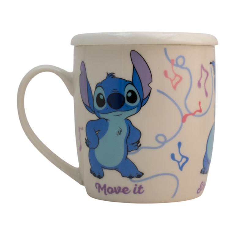 Stitch Taza de Cerámica con Tapa, Diseño Stitch Groove It, Lilo & Stitch, Colección Disney Clásicos, Capacidad 385 ml con Caja de Regalo