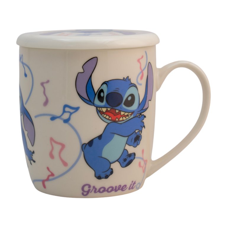 Stitch Taza de Cerámica con Tapa, Diseño Stitch Groove It, Lilo & Stitch, Colección Disney Clásicos, Capacidad 385 ml con Caja de Regalo