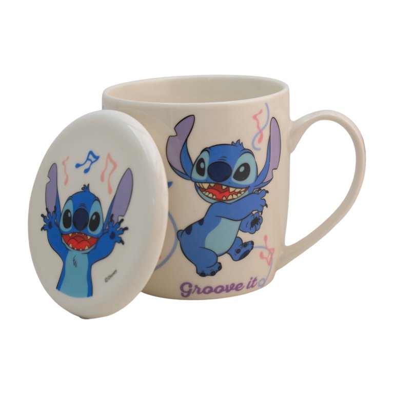 Stitch Taza de Cerámica con Tapa, Diseño Stitch Groove It, Lilo & Stitch, Colección Disney Clásicos, Capacidad 385 ml con Caja de Regalo