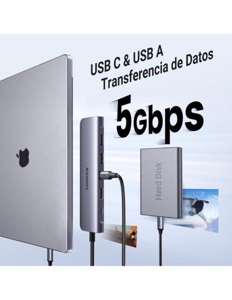 HUB USB-C 7 en 1 UGREEN 2 USB-A, 2 USB-C, 1 HDMI 4K/60hz y SD/TFT