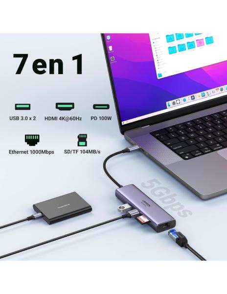 HUB 7 en 1 UGREEN 2 USB-A, 1 USB-C, 1 HDMI 4K/60hz, SD/TFT y Ethernet