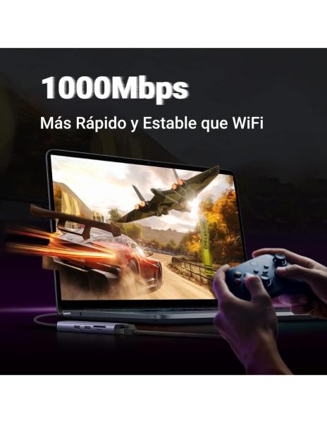 HUB 7 en 1 UGREEN 2 USB-A, 1 USB-C, 1 HDMI 4K/60hz, SD/TFT y Ethernet