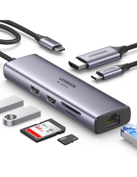 HUB 7 en 1 UGREEN 2 USB-A, 1 USB-C, 1 HDMI 4K/60hz, SD/TFT y Ethernet
