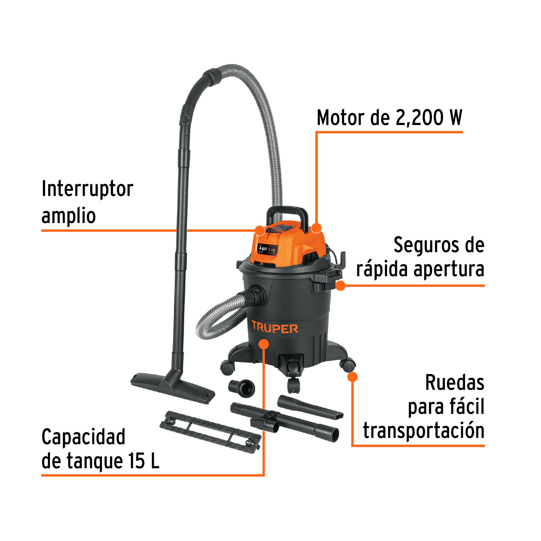 Aspiradora de sólidos y líquidos, 4 gal, plástica, negra