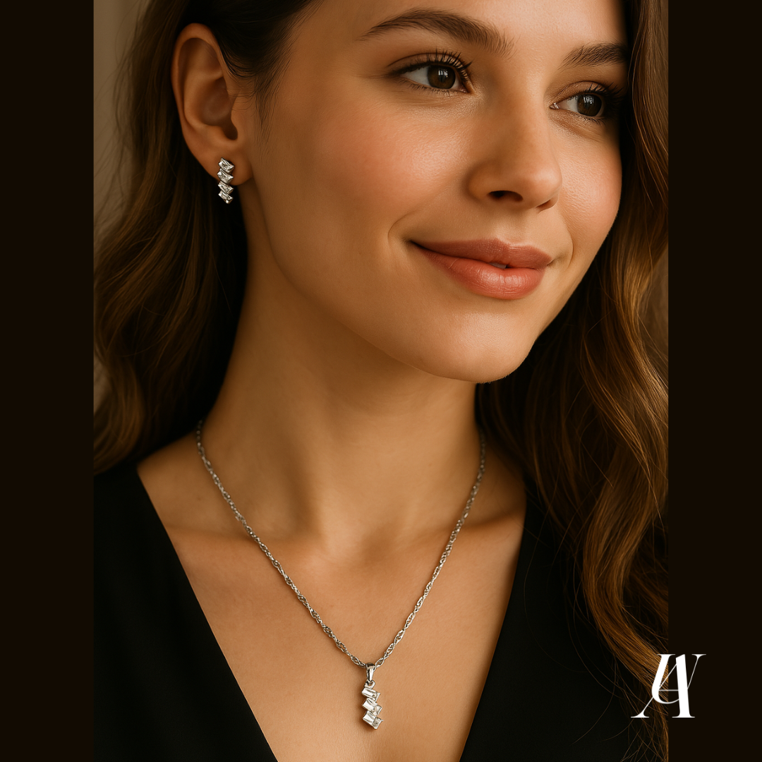 Juego de Collar con Aretes Circonias Rectangulares Plata. 925 Ambar