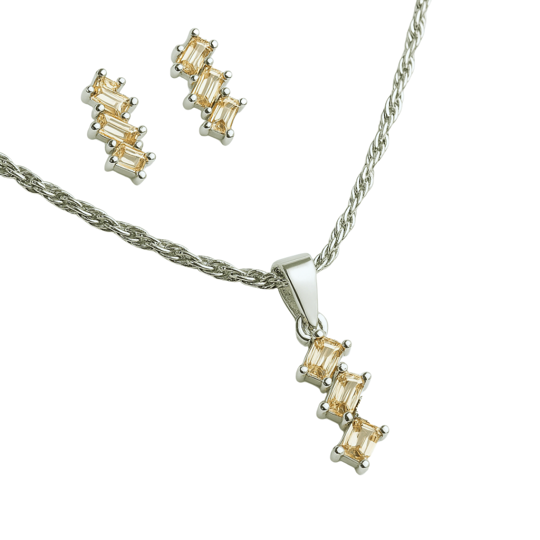 Juego de Collar con Aretes Circonias Rectangulares Plata. 925 Ambar