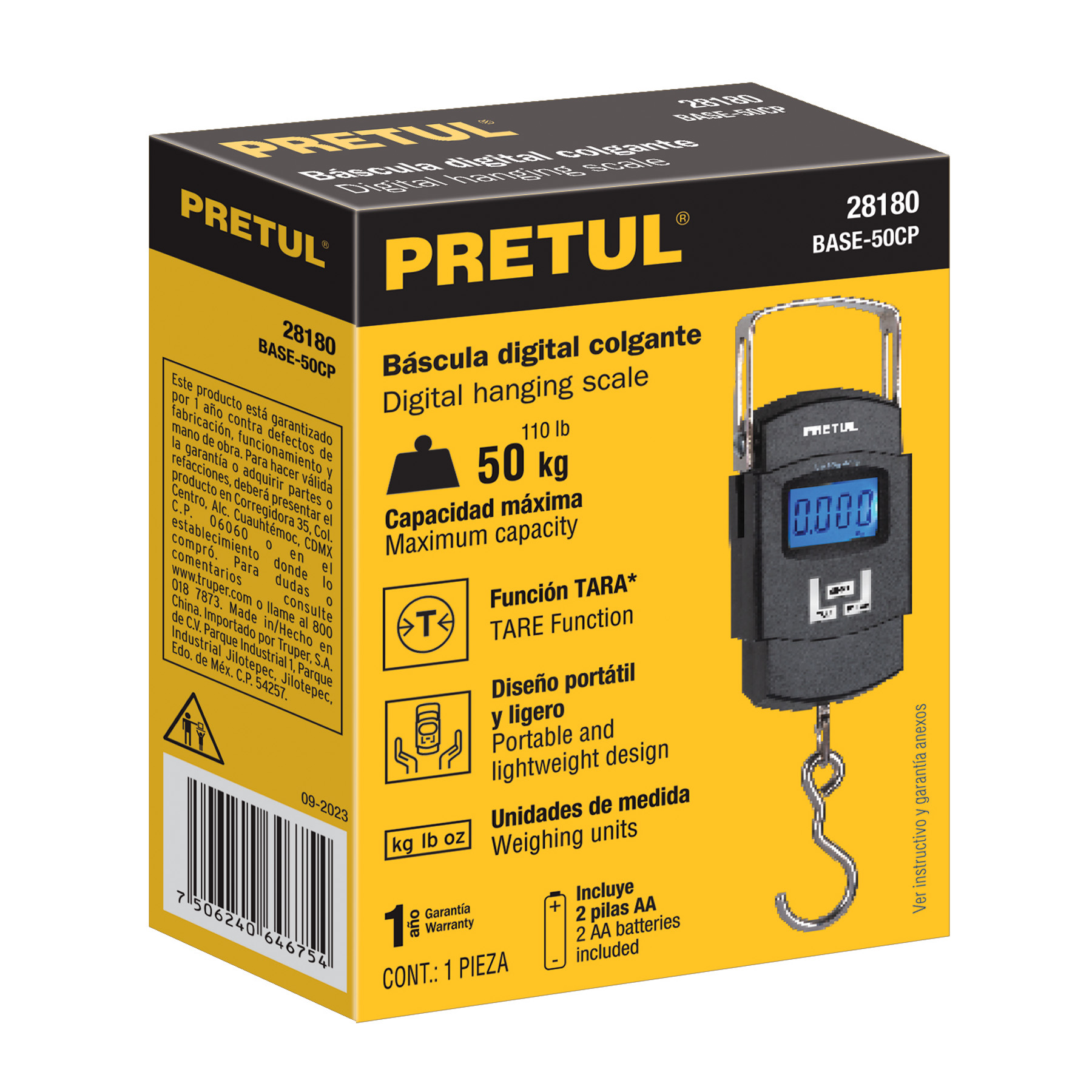 Báscula electrónica colgante, de pilas, 50 kg, Pretul