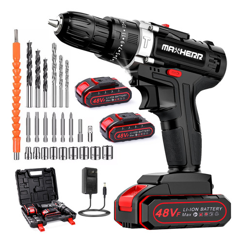 Taladro Atornillador De Impacto Eléctrico Inalámbrico Maxherr 48v 1550rpms Negro Con 2 Baterías