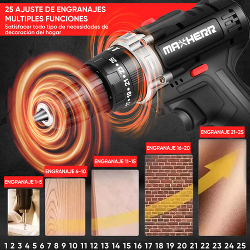 Taladro Atornillador De Impacto Eléctrico Inalámbrico Maxherr 48v 1550rpms Negro Con 2 Baterías