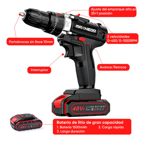Taladro Atornillador De Impacto Eléctrico Inalámbrico Maxherr 48v 1550rpms Negro Con 2 Baterías
