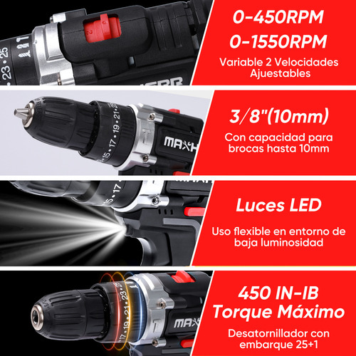 Taladro Atornillador De Impacto Eléctrico Inalámbrico Maxherr 48v 1550rpms Negro Con 2 Baterías