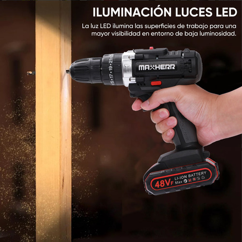 Taladro Atornillador De Impacto Eléctrico Inalámbrico Maxherr 48v 1550rpms Negro Con 2 Baterías