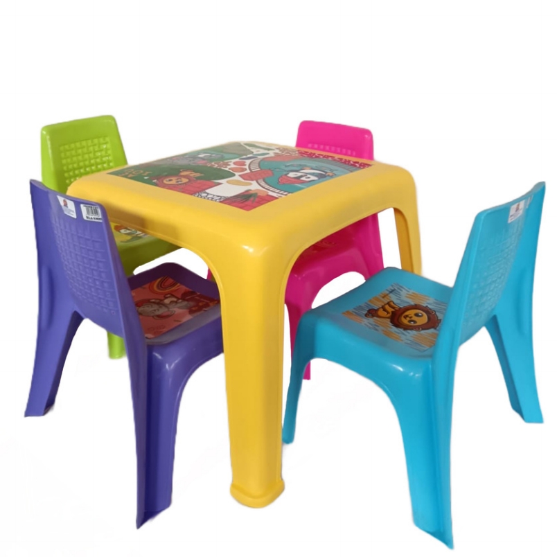 Mesa Infantil y 4 Sillas De Colores Para Niños Dibujo Comer Amarillo