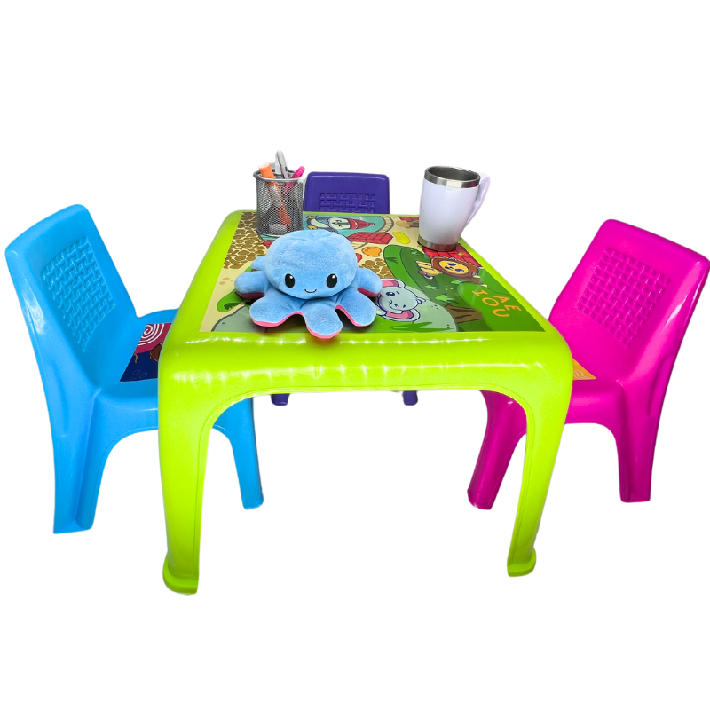 Mesa Infantil Y 4 Sillas De Colores Para Niños Dibujo Comer Verde Limón
