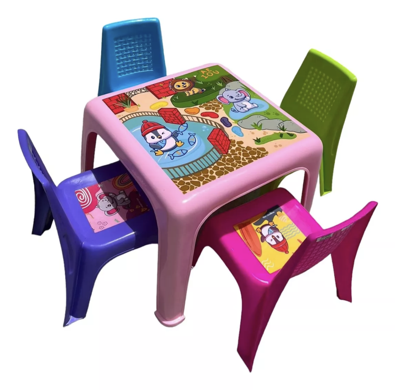 Mesa Infantil y 4 Sillas De Colores Para Niños Dibujo Comer Rosa