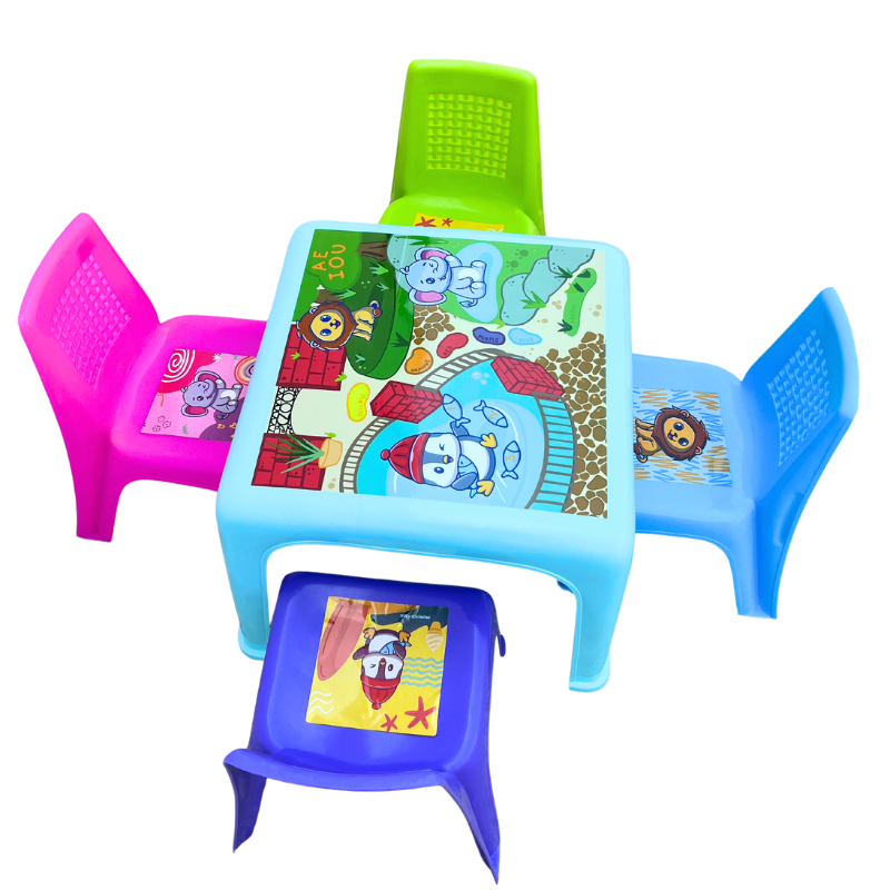 Mesa Infantil y 4 Sillas De Colores Para Niños Dibujo Comer Azul