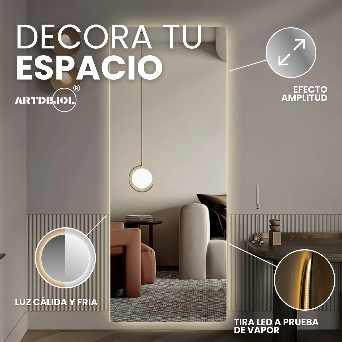  Espejo Rectangular Con Luz Led Cálida 60x100 Cm Decoración Hogar
