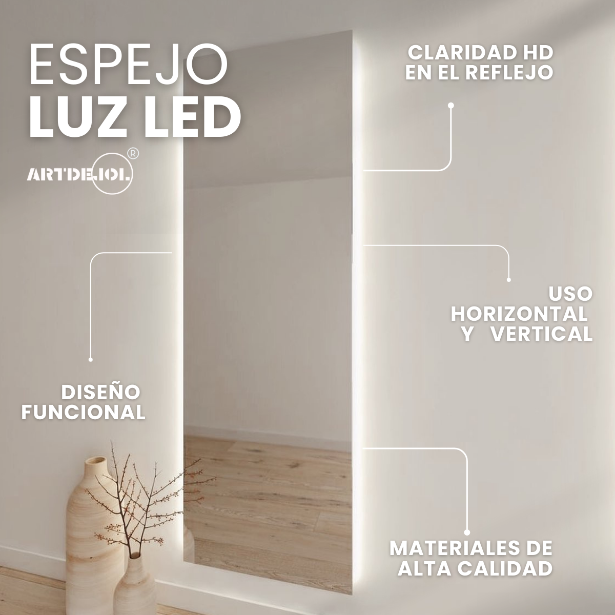  Espejo Rectangular Con Luz Led Cálida 60x100 Cm Decoración Hogar