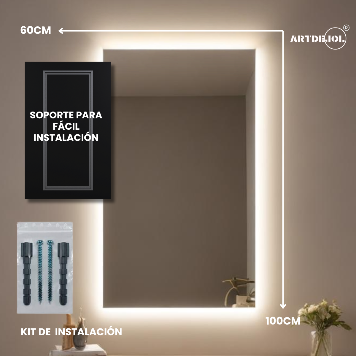  Espejo Rectangular Con Luz Led Cálida 60x100 Cm Decoración Hogar